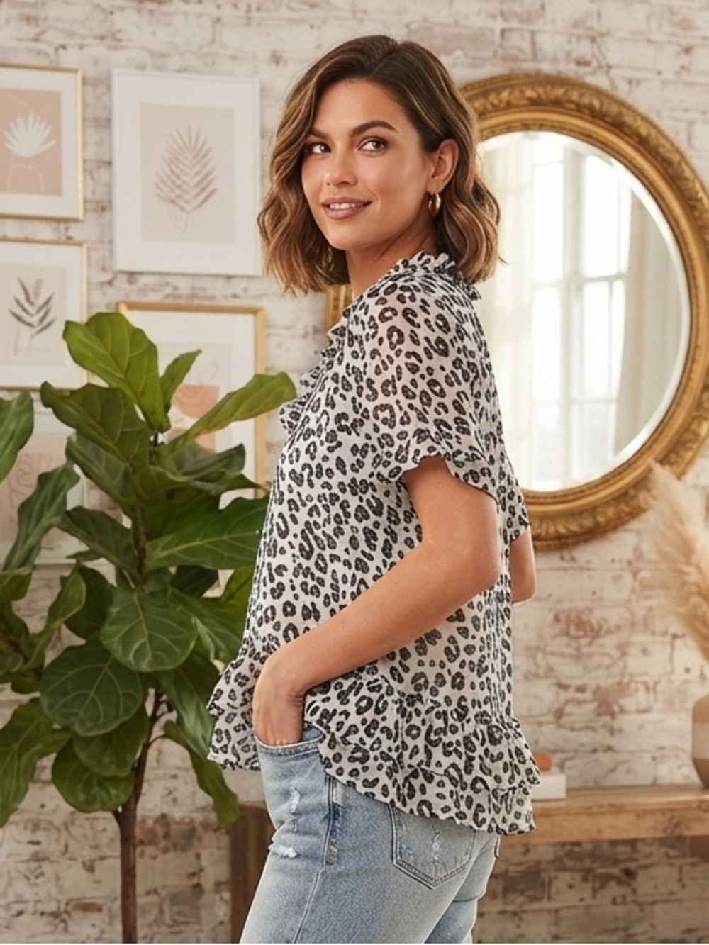 Umgee Cream Leopard Print Short Sleeve Ruffle Hem Blouse